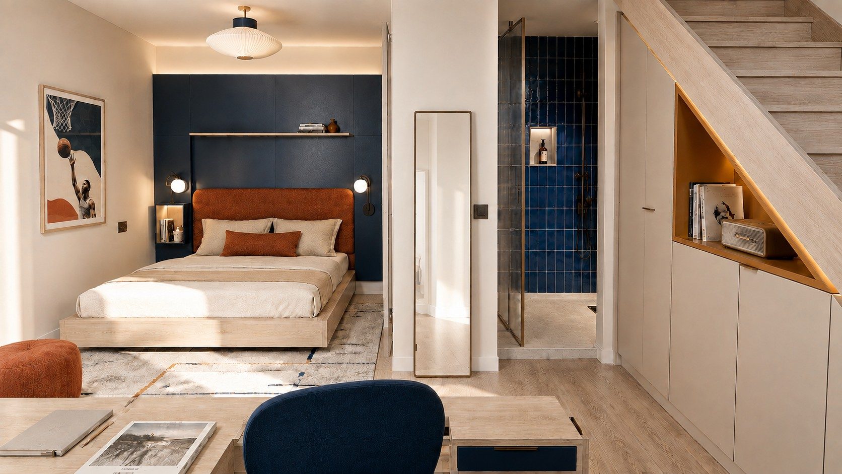 La chambre en souplex et son mur de rangement — visuel d'intention